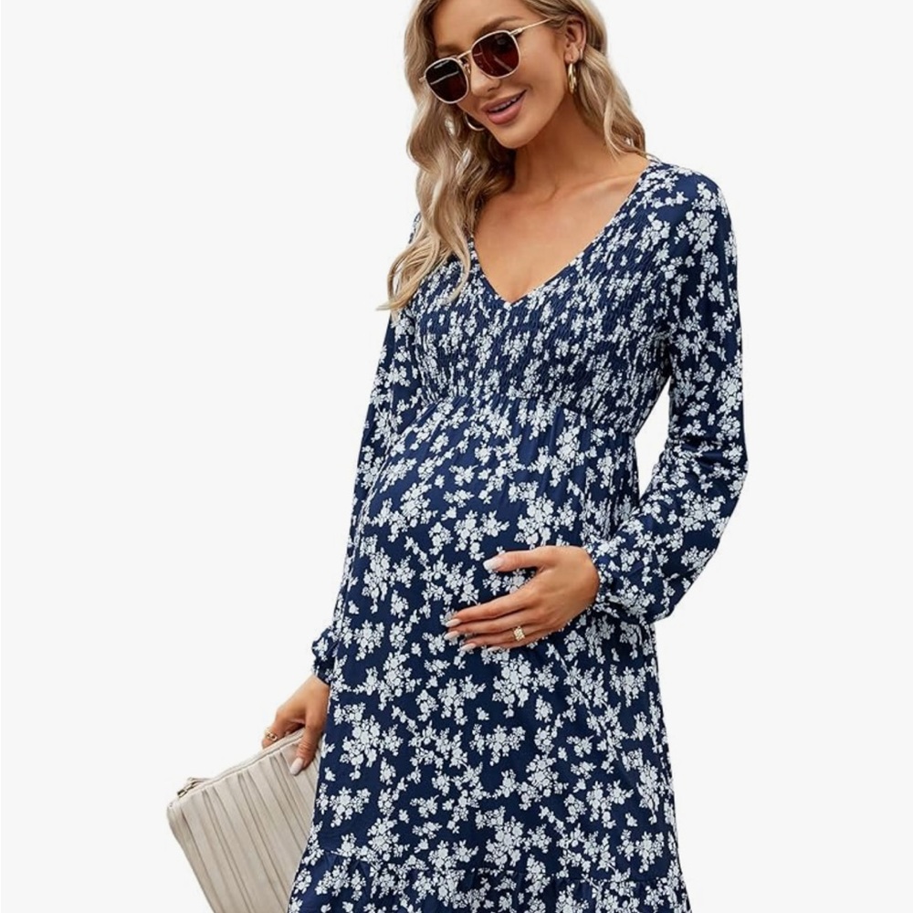 Women's Maternity Long Sleeve Ruffle Dress V Neck
